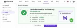 Transfer a Domain Name to Hostinger completed successfully